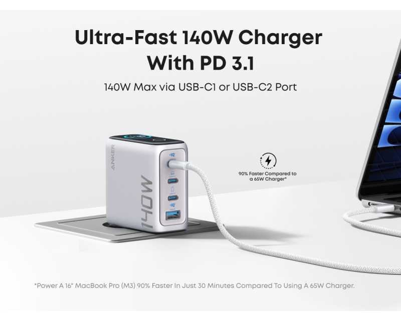 140W GaN zidni brzi punjač, 4-porta (3x USB-C i 1x USB-A) sa USB-C M/M pletenim kablom, srebrni