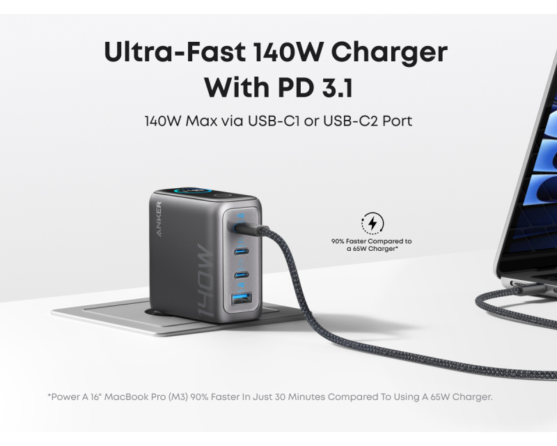 140W GaN zidni brzi punjač, 4-porta (3x USB-C, 1x USB-A) sa USB-C M/M pletenim kablom, tamno sivi