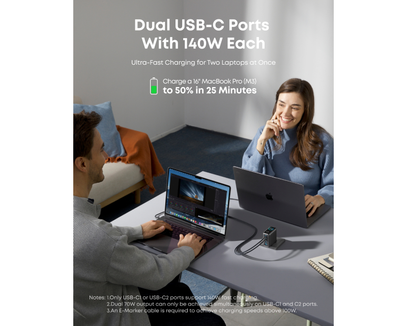 140W GaN zidni brzi punjač, 4-porta (3x USB-C, 1x USB-A) sa USB-C M/M pletenim kablom, tamno sivi