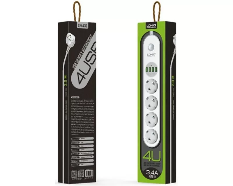 Kabl naponski produžni 4 x šuko + 4 x USB 2m beli SE4432