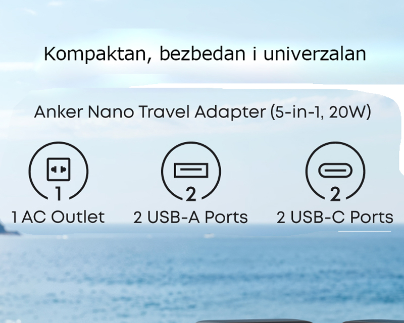 Nano 20W putni zidni punjač 5-portova (2x USB-A, 2x USB-C, utičnica EU na US, UK, AU i EU), crni