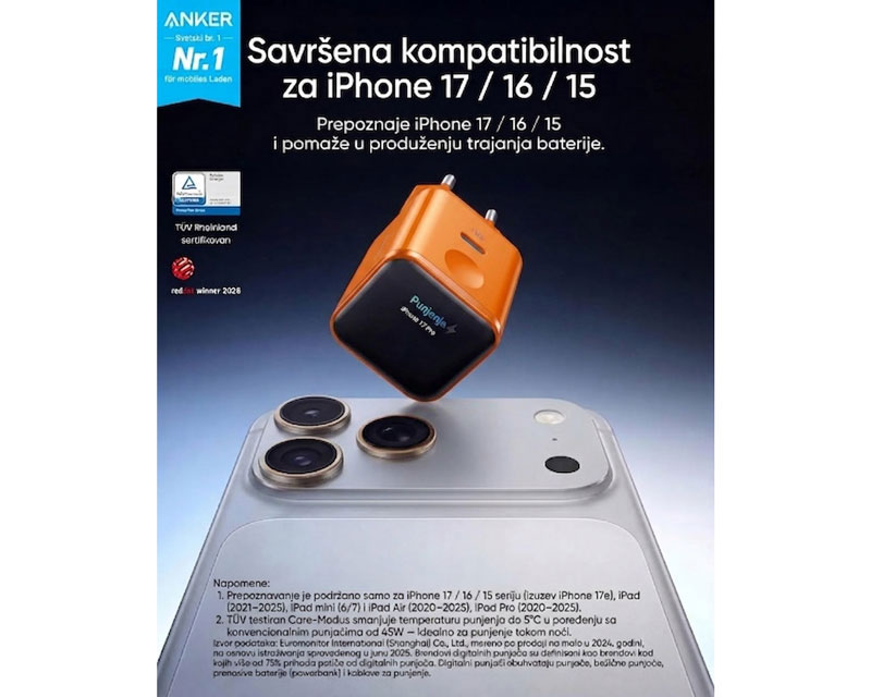 Nano 45W putni zidni punjač sa ekranom, USB-C port, crni