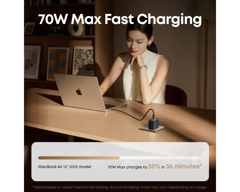 Nano 70W GaN zidni brzi punjač, 3-porta (2x USB-C i 1x USB-A) crni