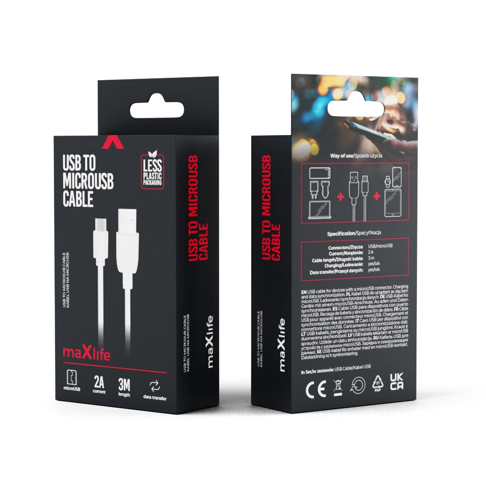 Maxlife cable USB - microUSB 3,0 m 2A white
